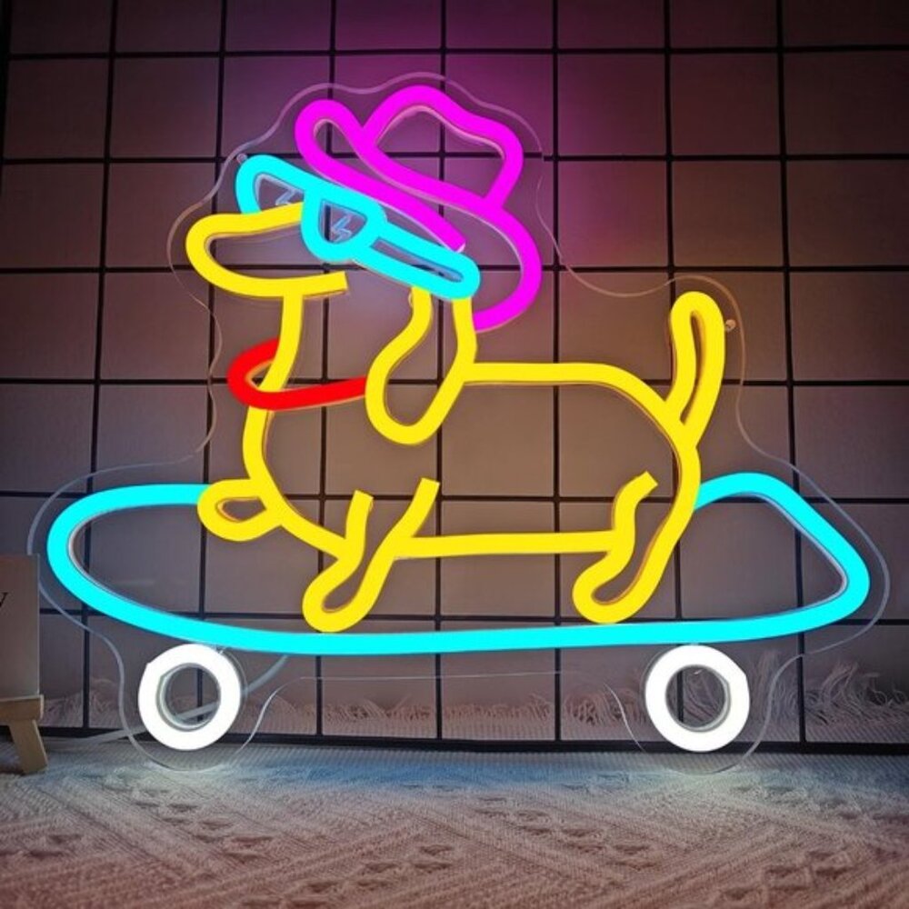 New Skateboard Dog Neon Sign, Dimmable LED Wall Light for Room Decor & Pet Shop